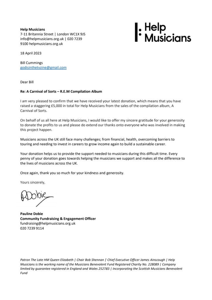 NEWS: £5000 donated to Help Musicians from R.E.M covers compilation 23 Bill Cummings 18042023 email 230418 115810